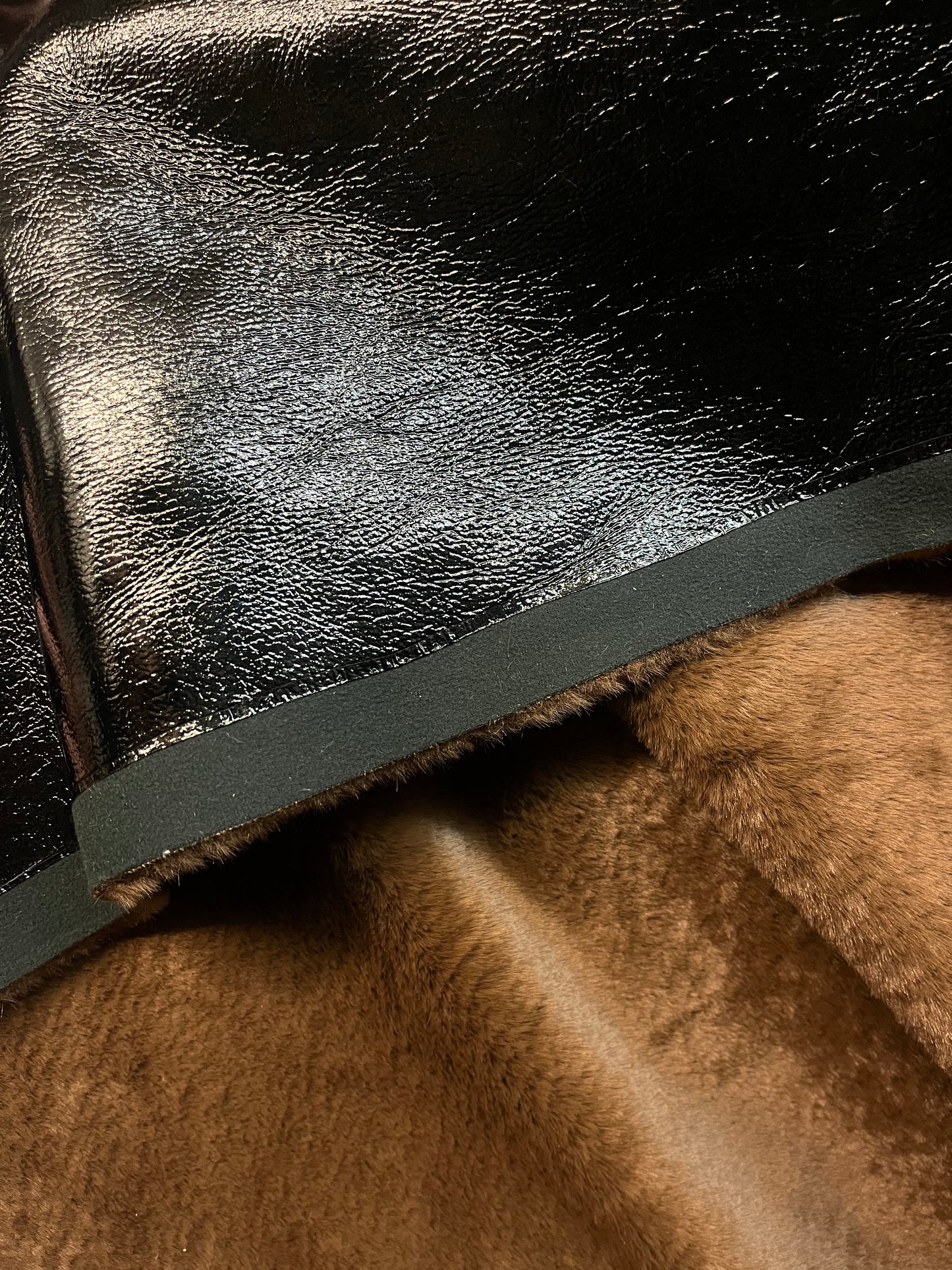 Patent Faux Leather with Fur Backing - Chocolate Brown