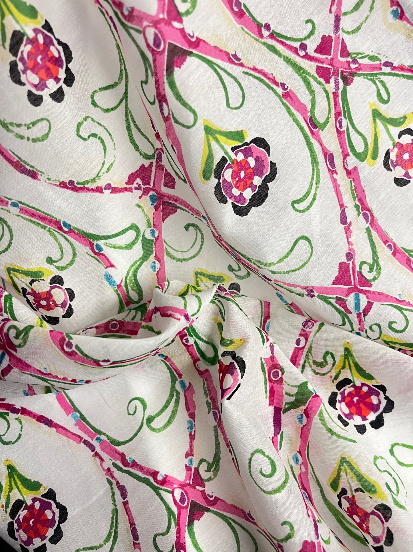Floral Printed Silk & Cotton - Pink, Green & White