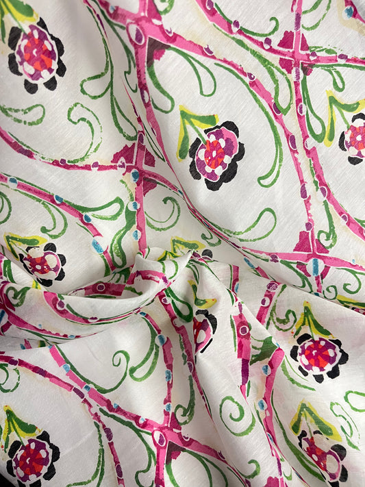 Floral Printed Silk & Cotton - Pink, Green & White