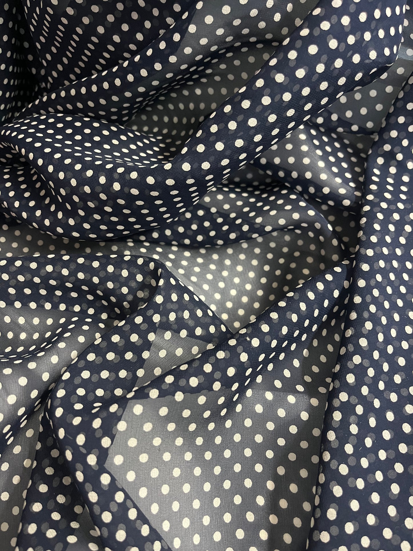 Polka Dot Printed Silk Georgette - Navy & Off-White