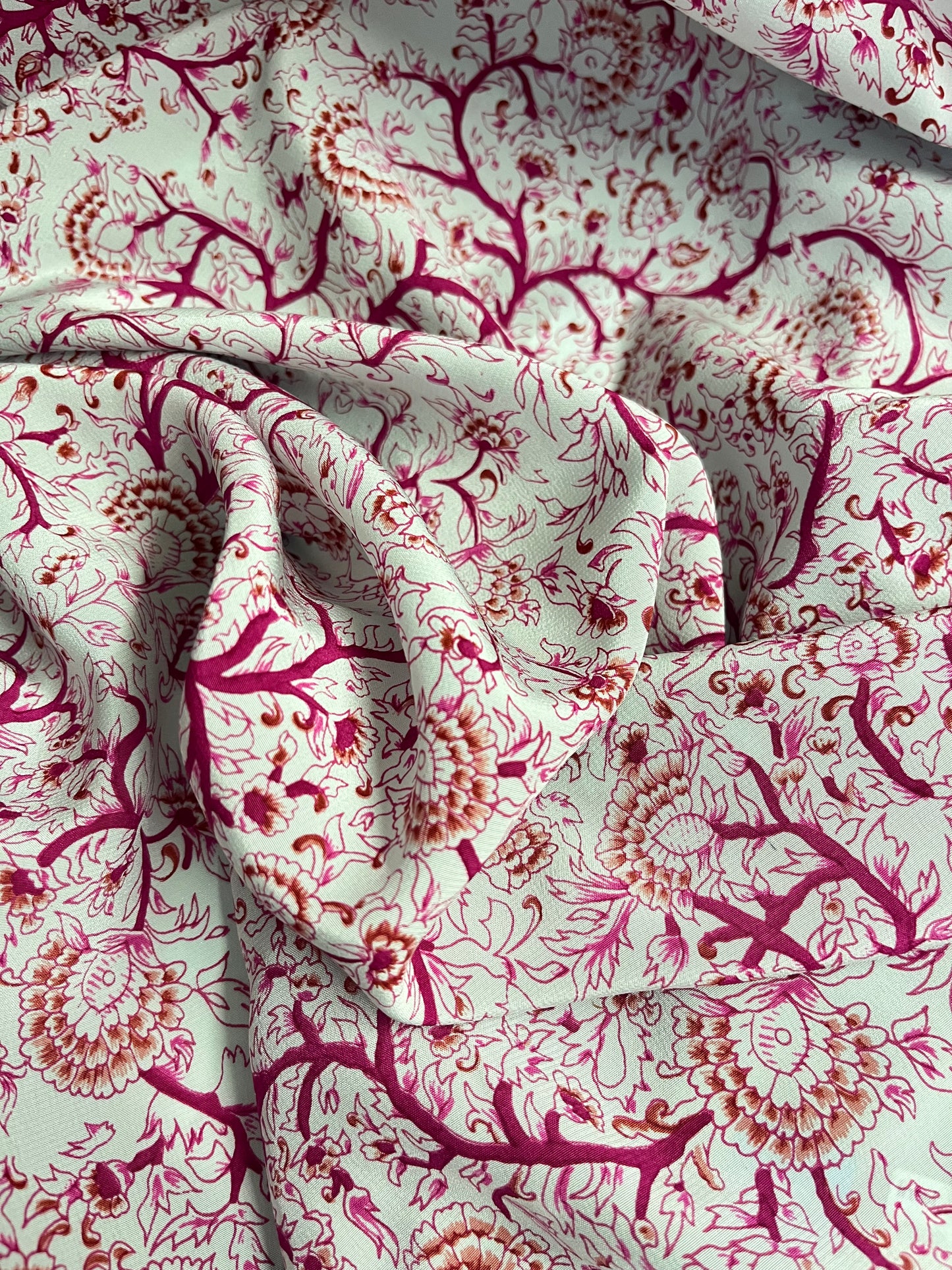 Floral Printed Silk Crepe De Chine - Off-White & Fuchsia