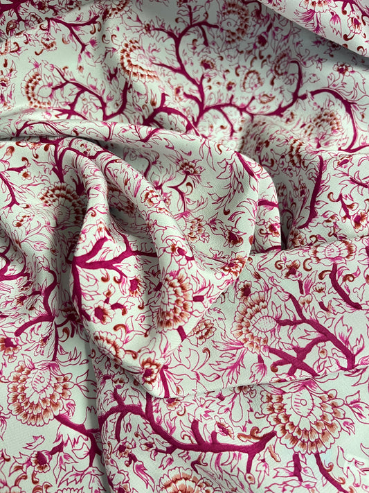 Floral Printed Silk Crepe De Chine - Off-White & Fuchsia