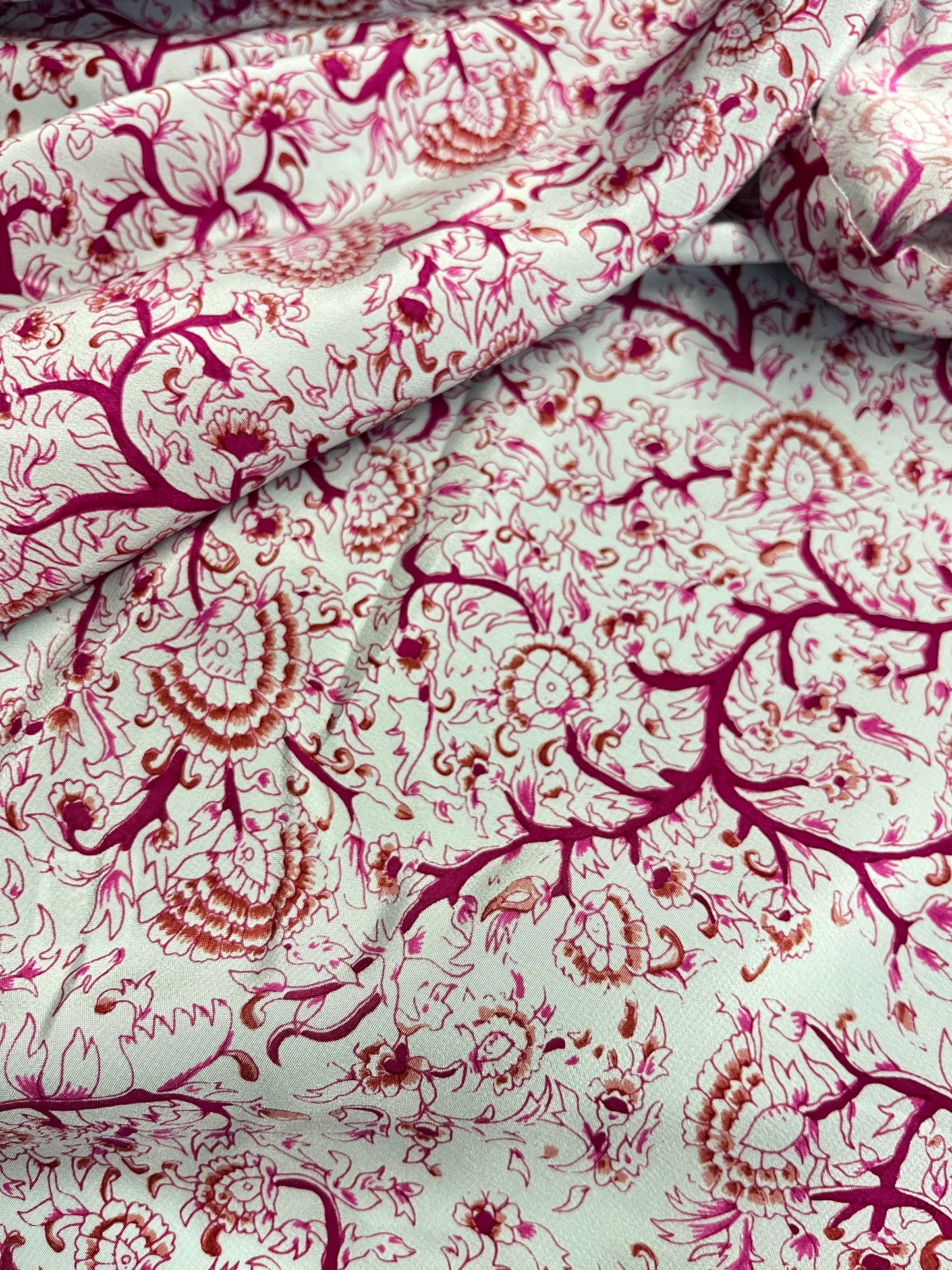 Floral Printed Silk Crepe De Chine - Off-White & Fuchsia