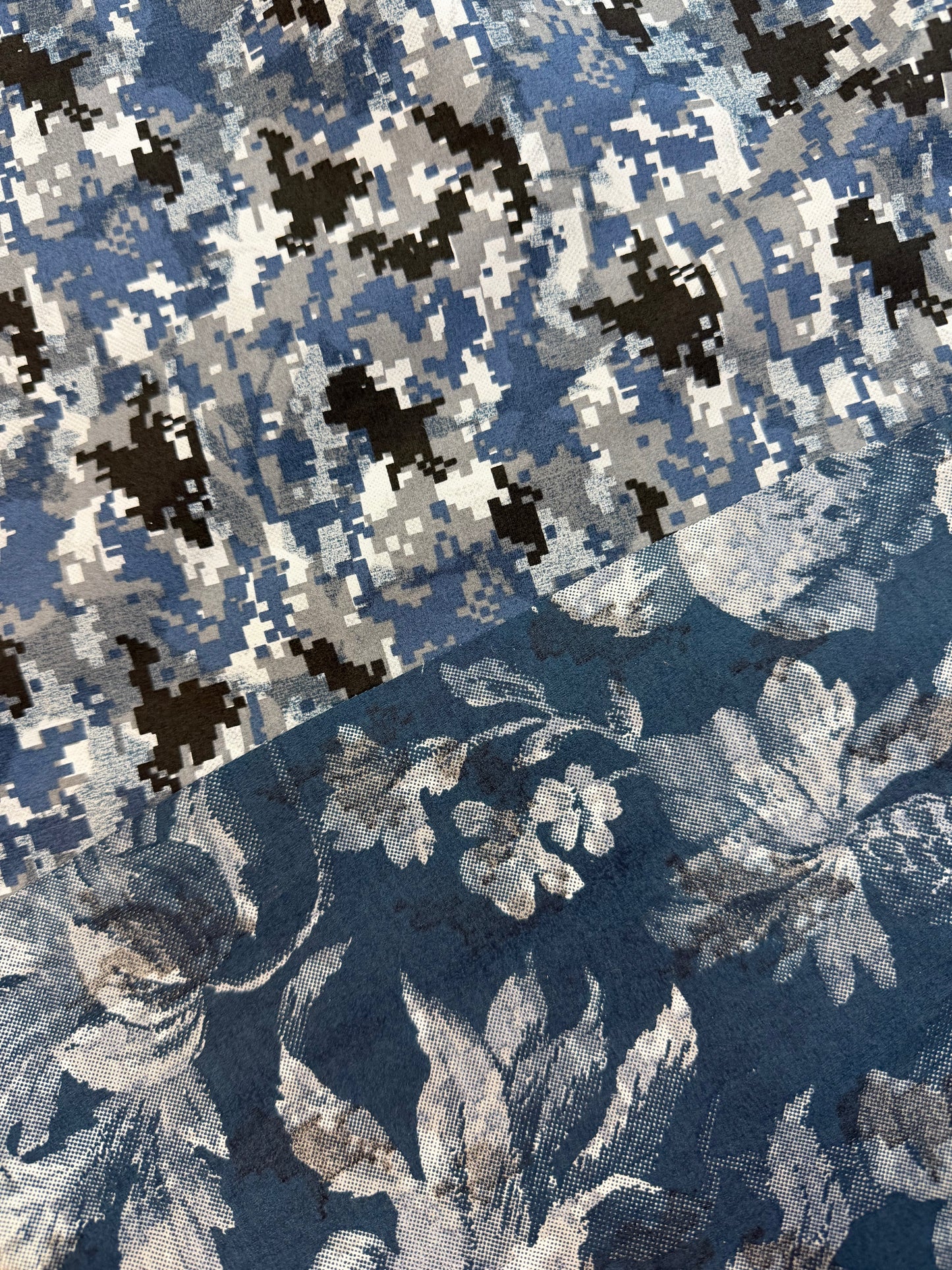 Japanese Reversible Cotton Floral Print - Blue, Grey & Black