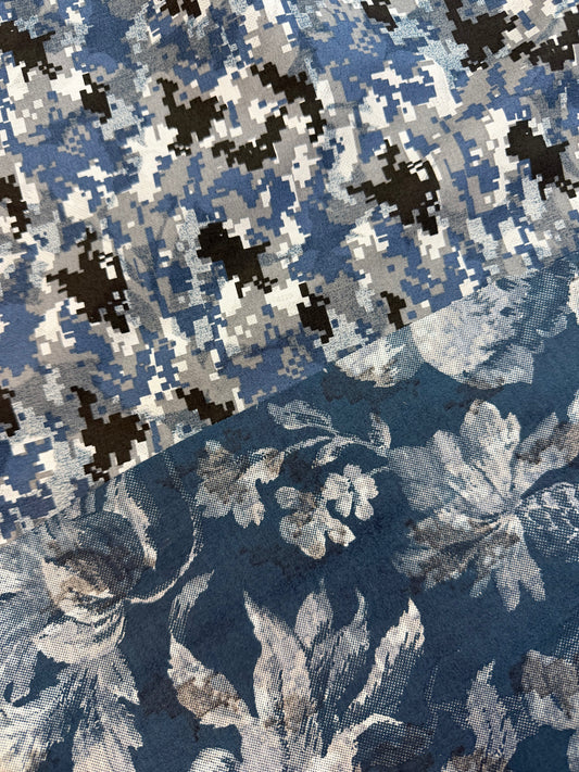 Japanese Reversible Cotton Floral Print - Blue, Grey & Black