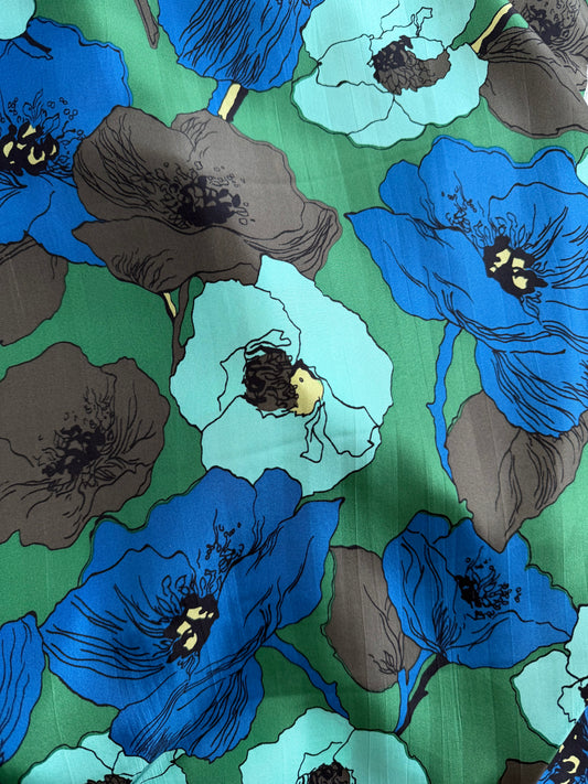 Printed Light Weight Silk Charmeuse - Blue & Green Peony