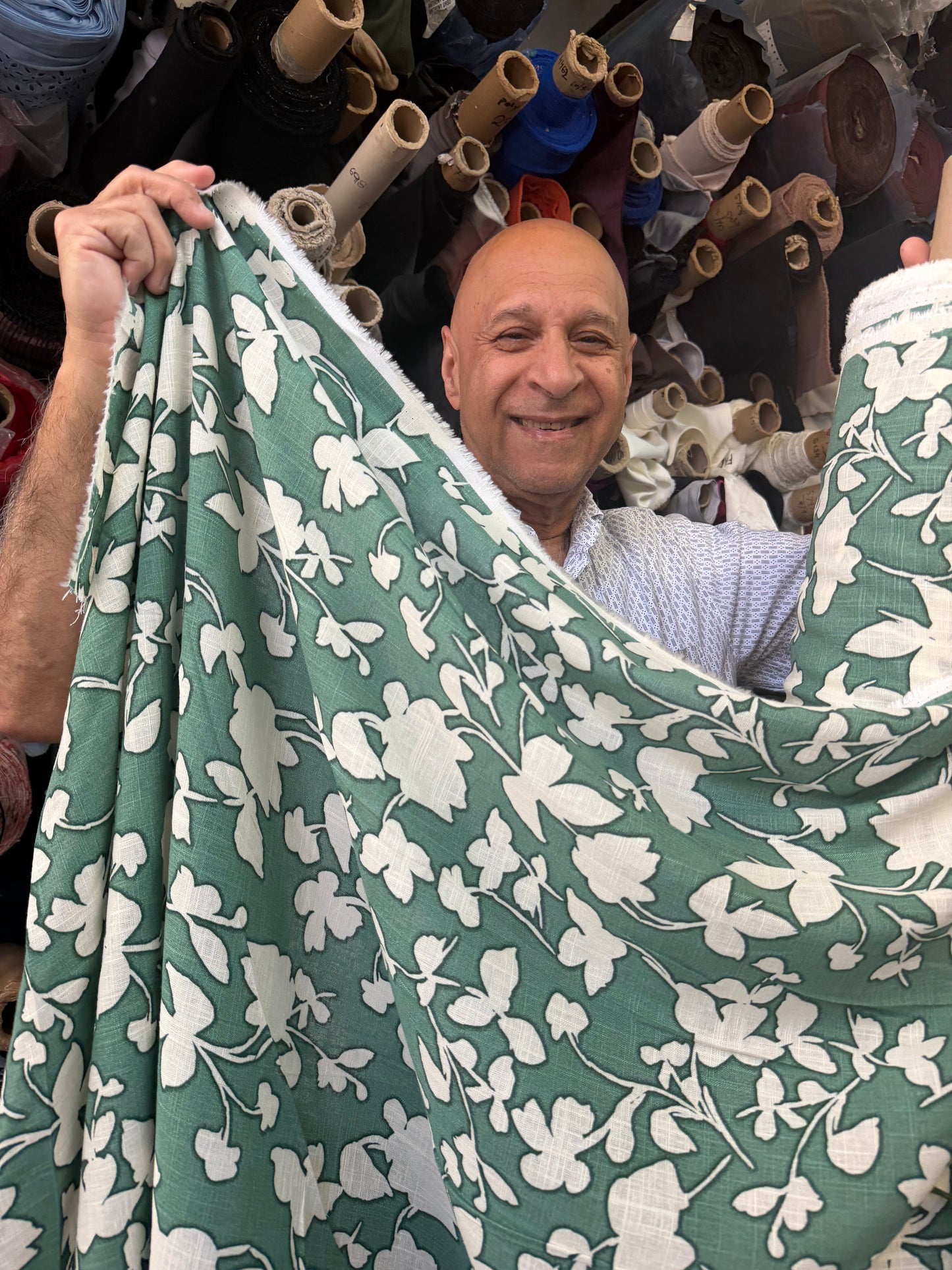 Linen Rayon Floral - Green & Ivory