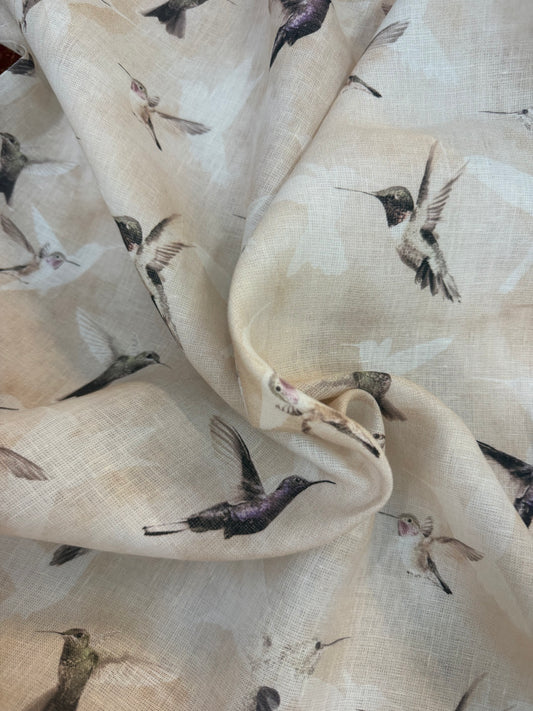 Printed Linen - Beige Hummingbirds