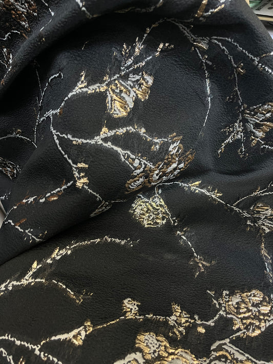 Designer Italian Floral Textured Brocade - Black, Gold & Grey