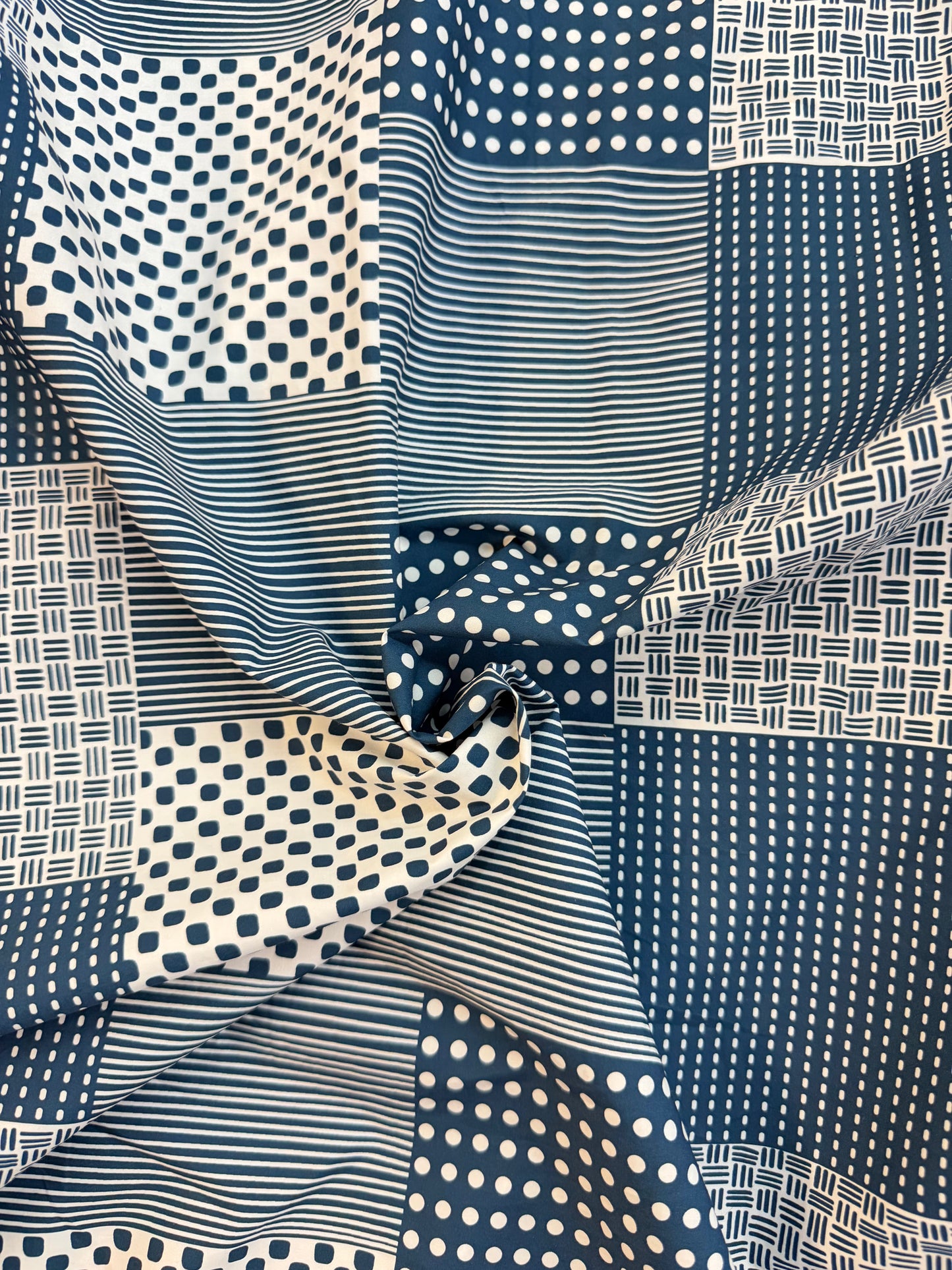 Cotton Shirting - Patchwork Print - White & Teal