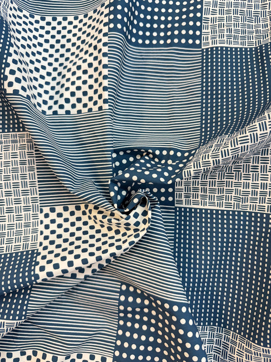Cotton Shirting - Patchwork Print - White & Teal