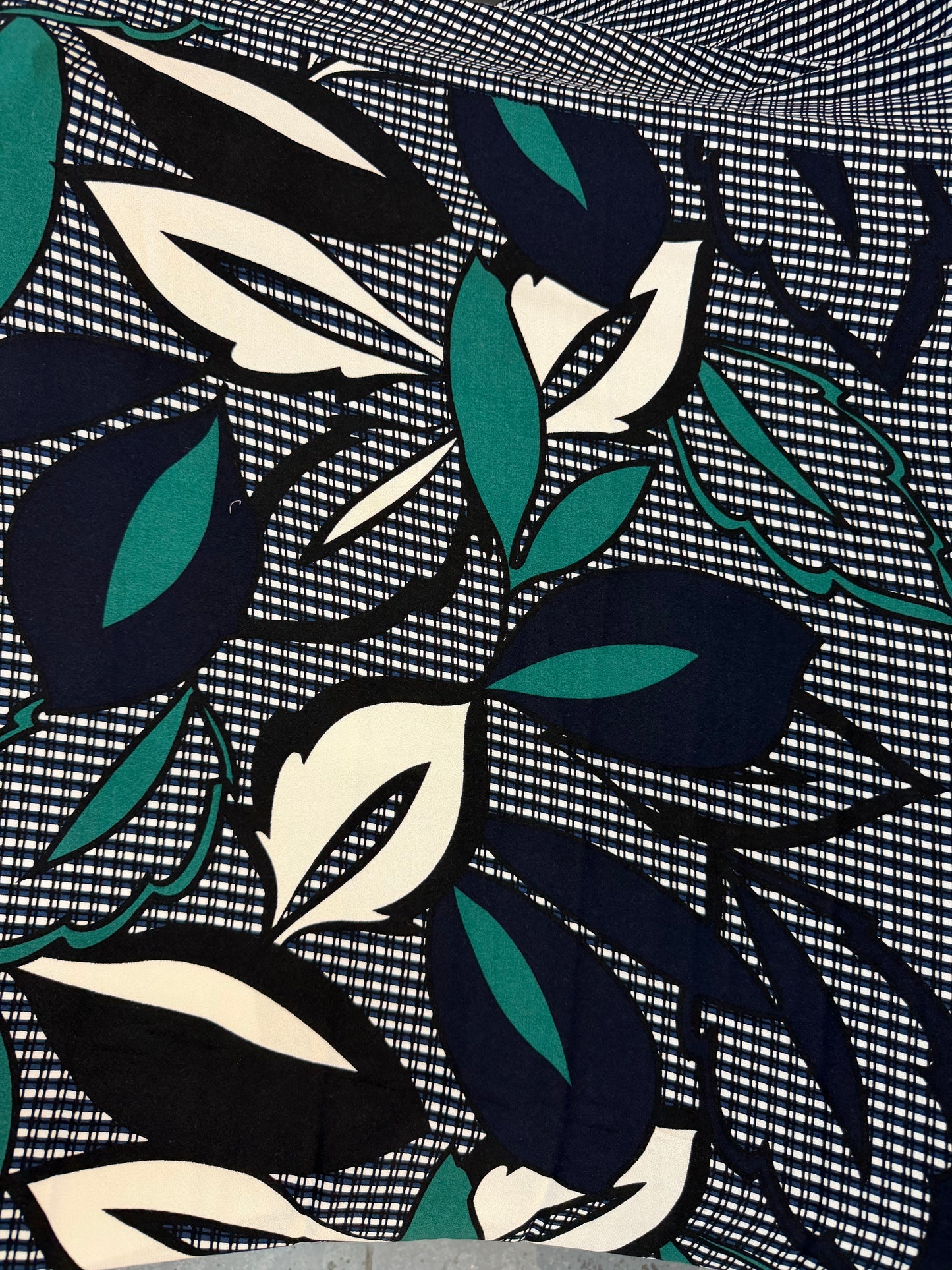Plaid & Floral Textured Rayon Print - Black, Blue, White & Teal