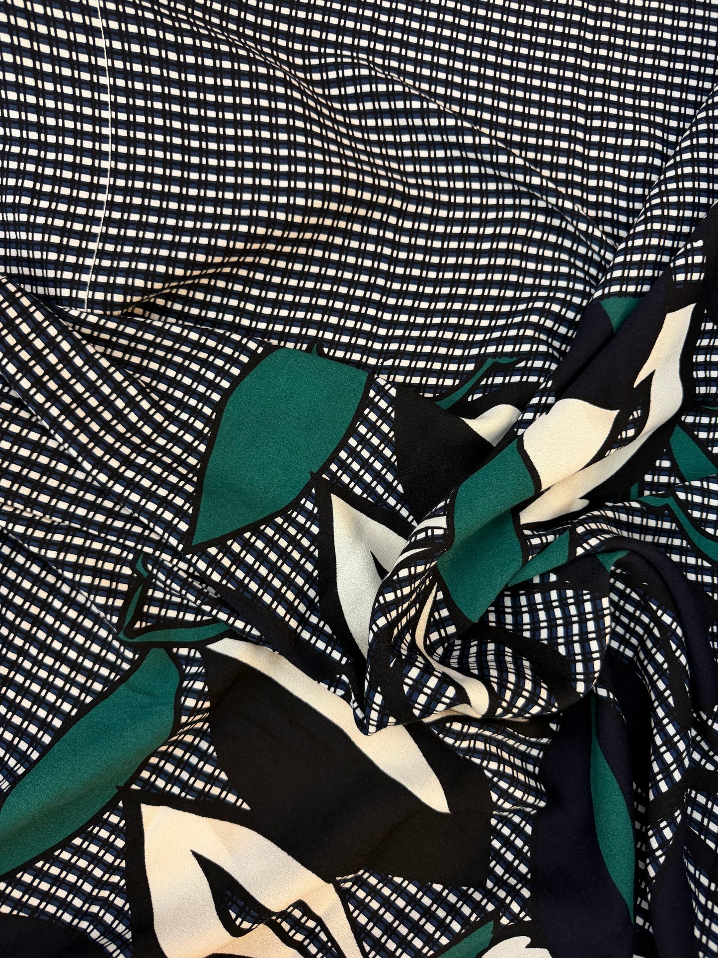 Plaid & Floral Textured Rayon Print - Black, Blue, White & Teal