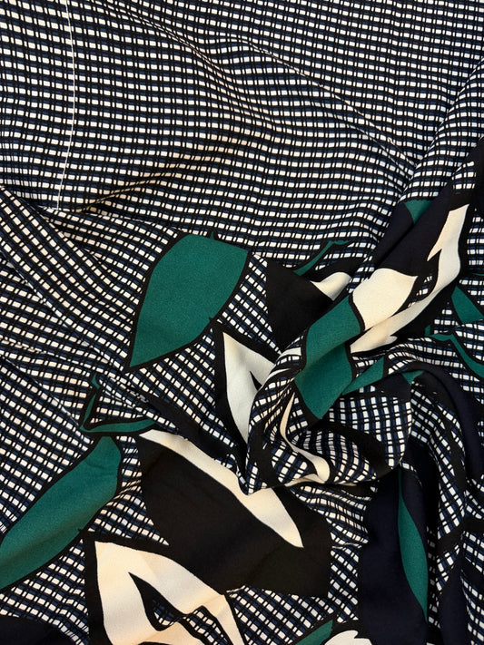 Plaid & Floral Textured Rayon Print - Black, Blue, White & Teal