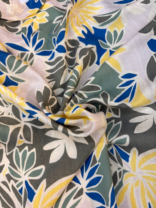 Textured Rayon Blend Print - Blue, Olive & Yellow