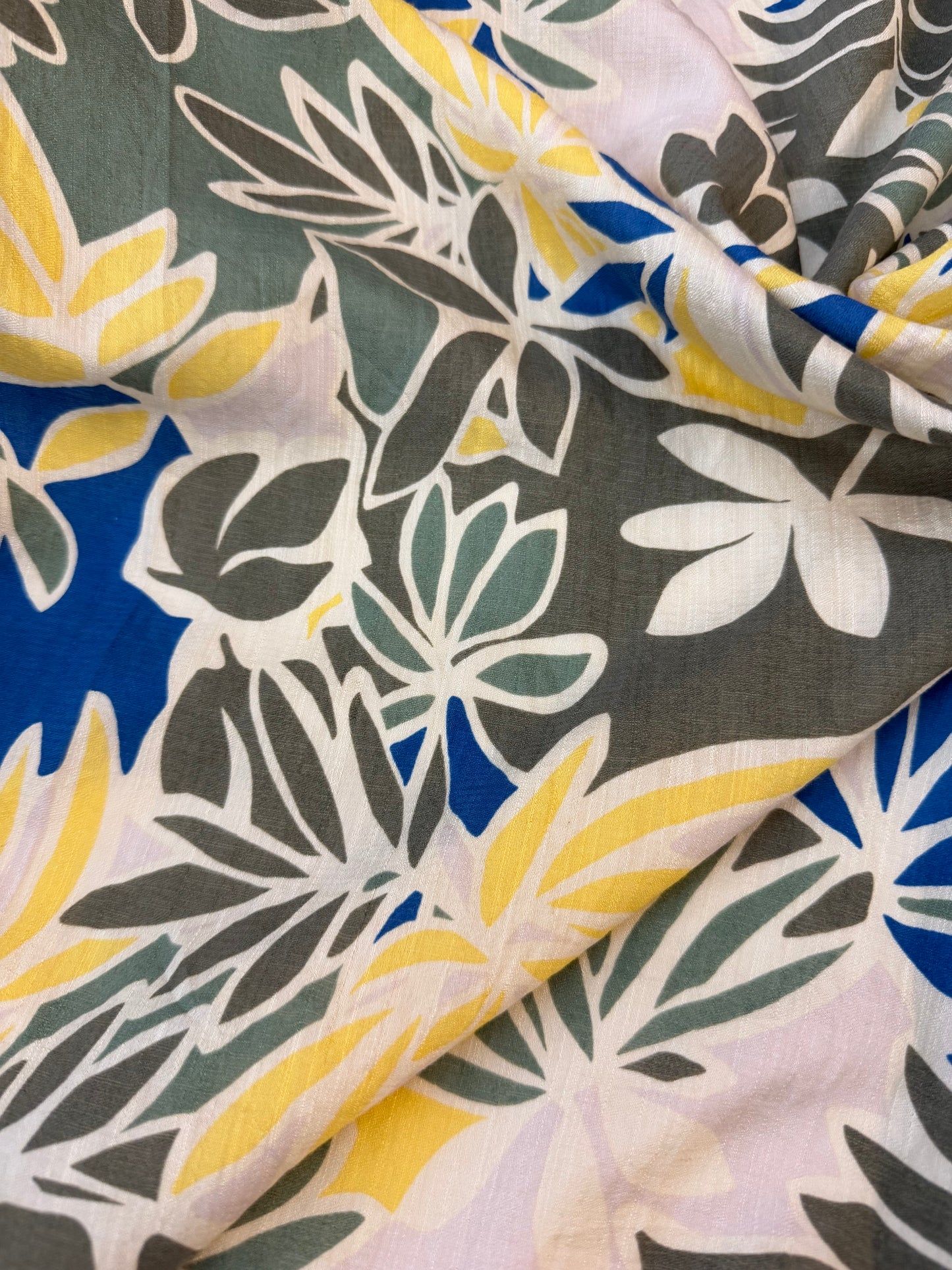 Textured Rayon Blend Print - Blue, Olive & Yellow