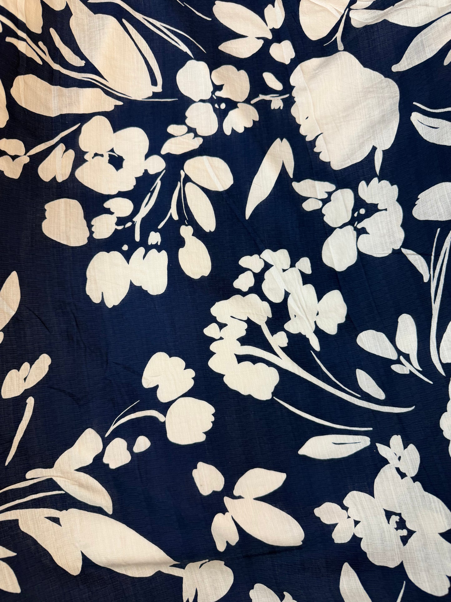 Textured Rayon Floral Print - Navy Blue & White