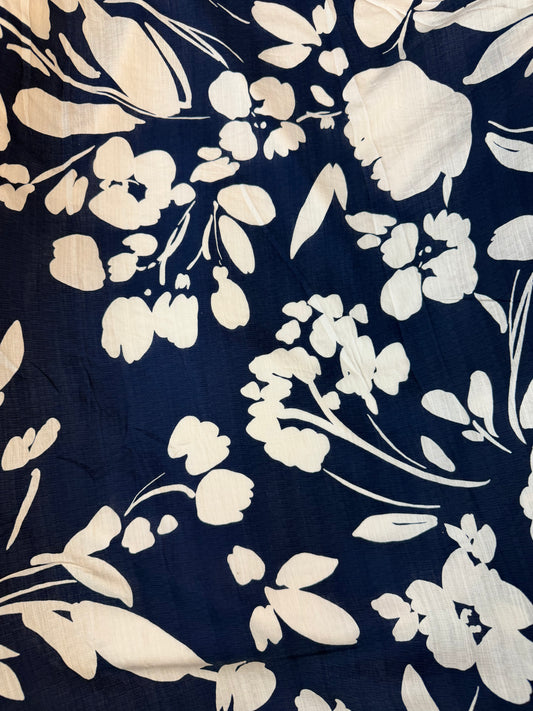 Textured Rayon Floral Print - Navy Blue & White