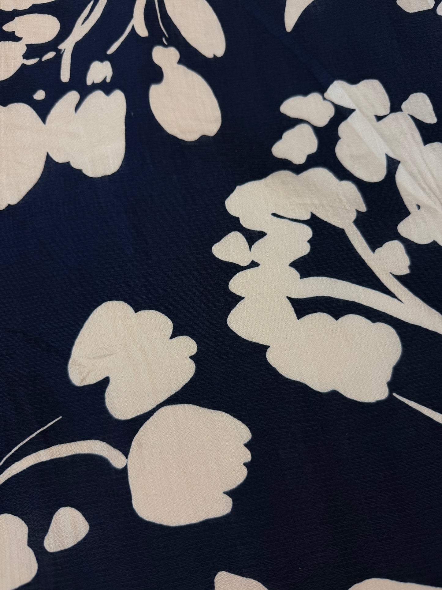 Textured Rayon Floral Print - Navy Blue & White