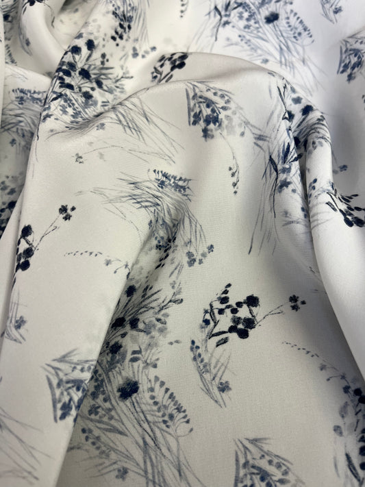 Matte Printed Silk Charmeuse - Blue & White Floral
