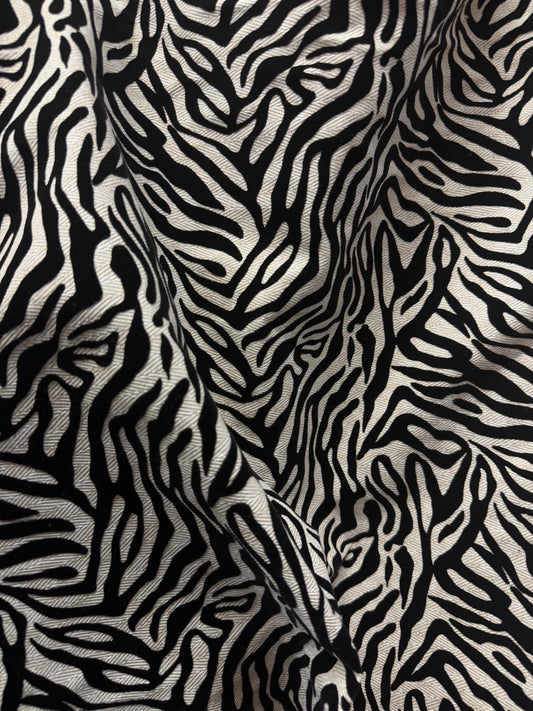 Zebra Velvet Applique Herringbone Cotton - Beige & Black - Italian