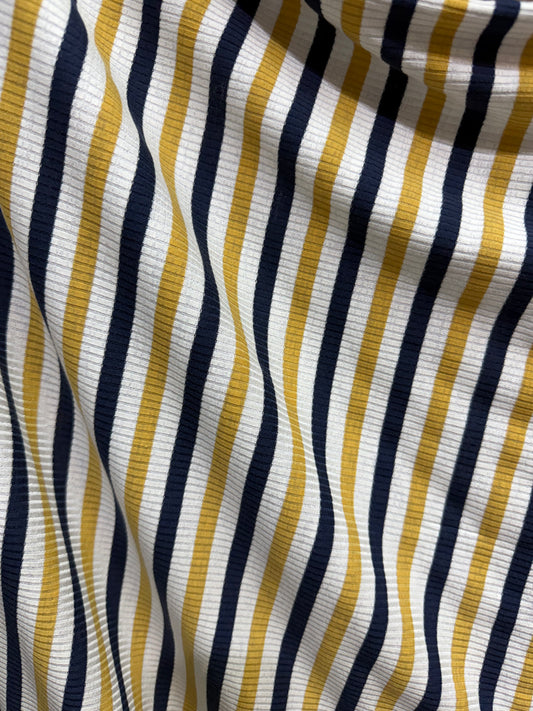 Stripe Ribbed Poly/Rayon Knit- Navy/Mustard/Off White