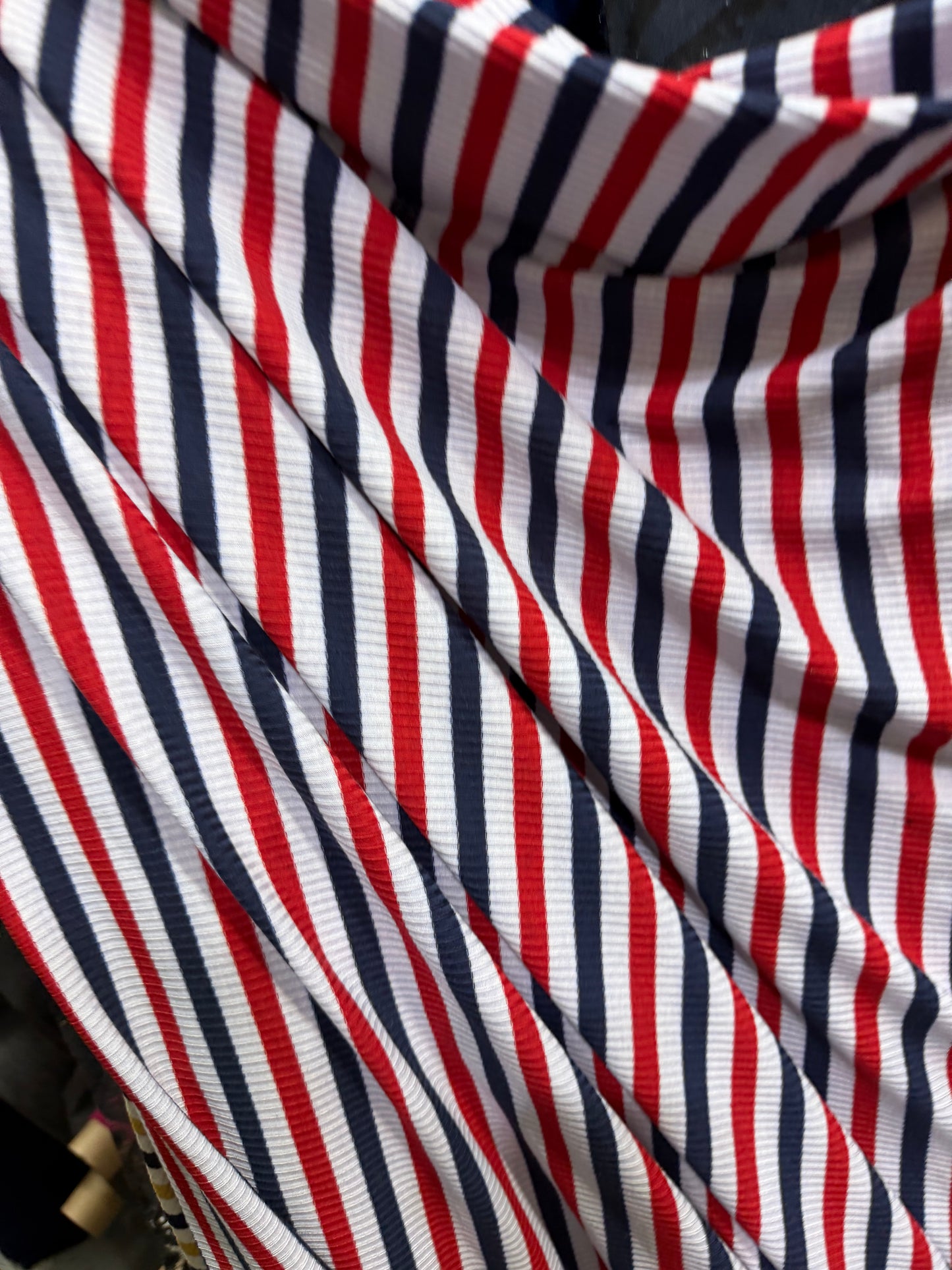 Stripe Ribbed Poly/Rayon Knit- Navy/Red/Off White