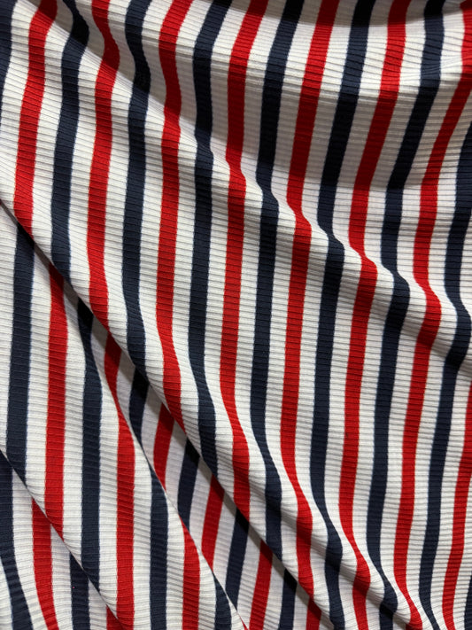 Stripe Ribbed Poly/Rayon Knit- Navy/Red/Off White