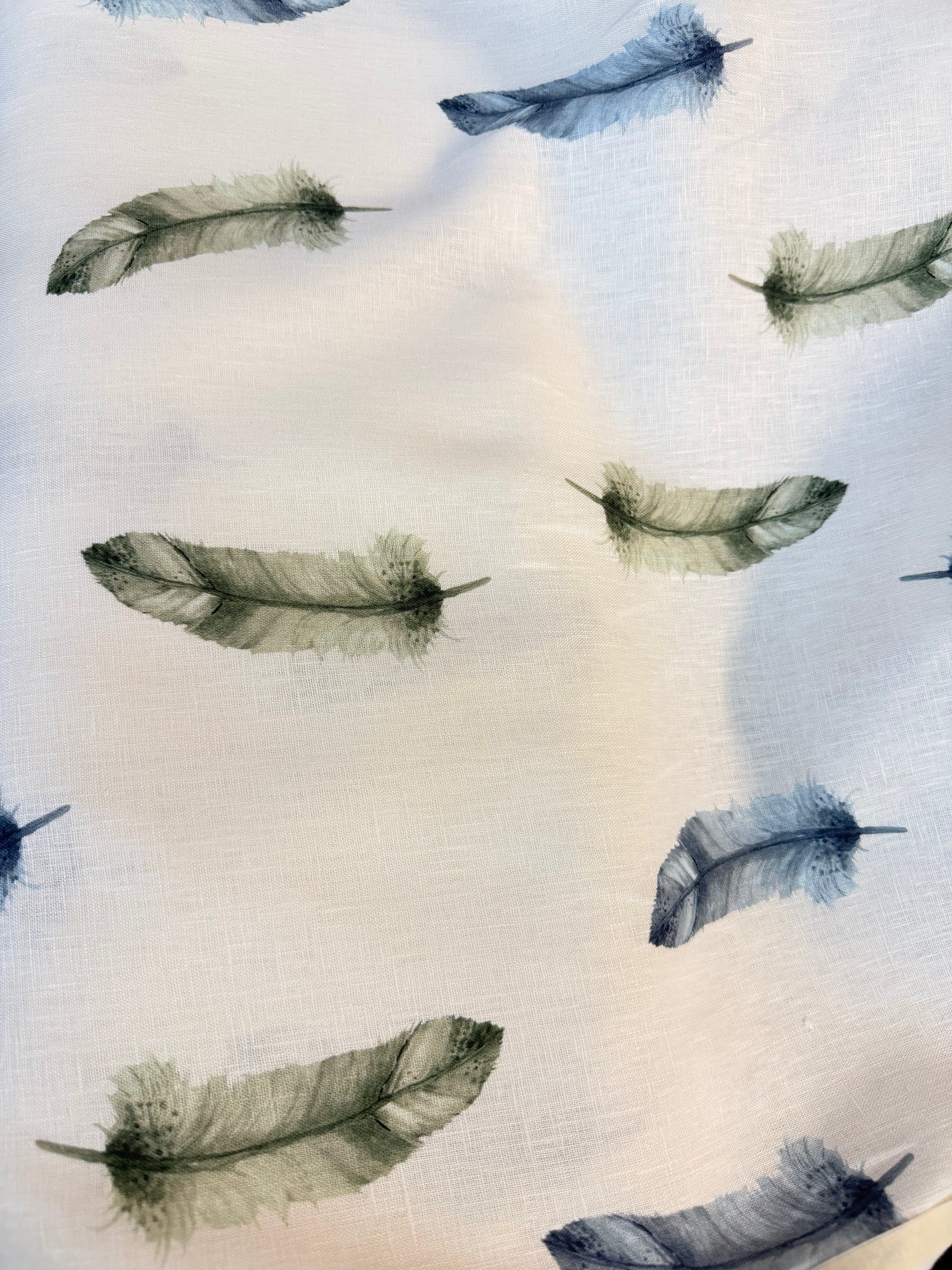 Printed Linen - Blue & Green Feathers