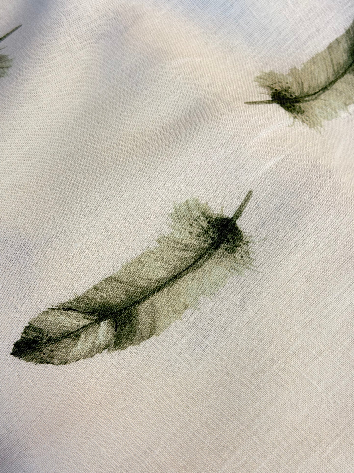 Printed Linen - Blue & Green Feathers
