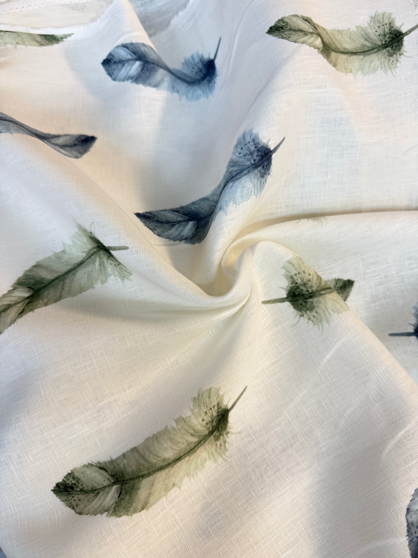 Printed Linen - Blue & Green Feathers