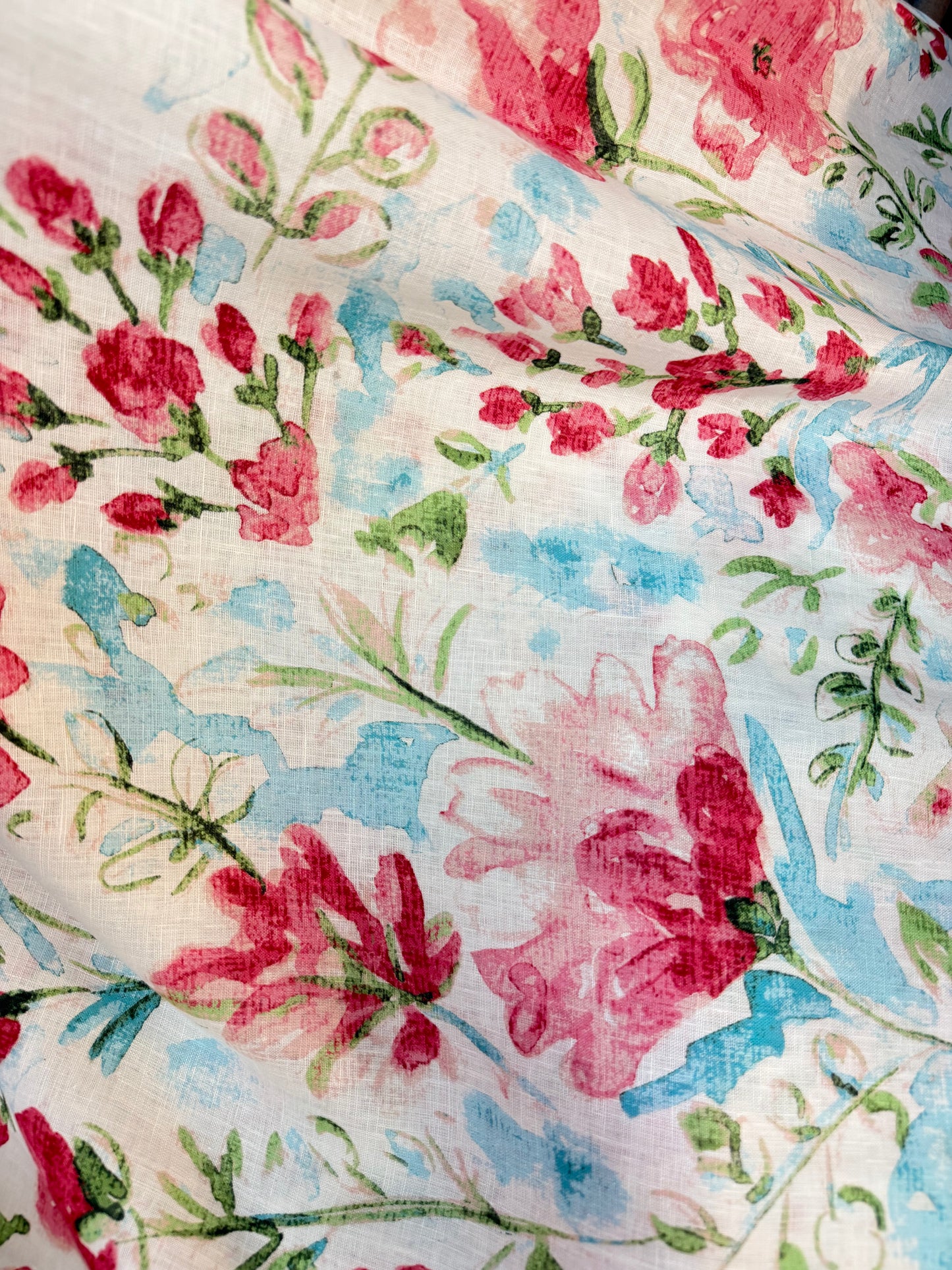 Printed Linen - Bouquet Watercolor Floral - Pink & Blue