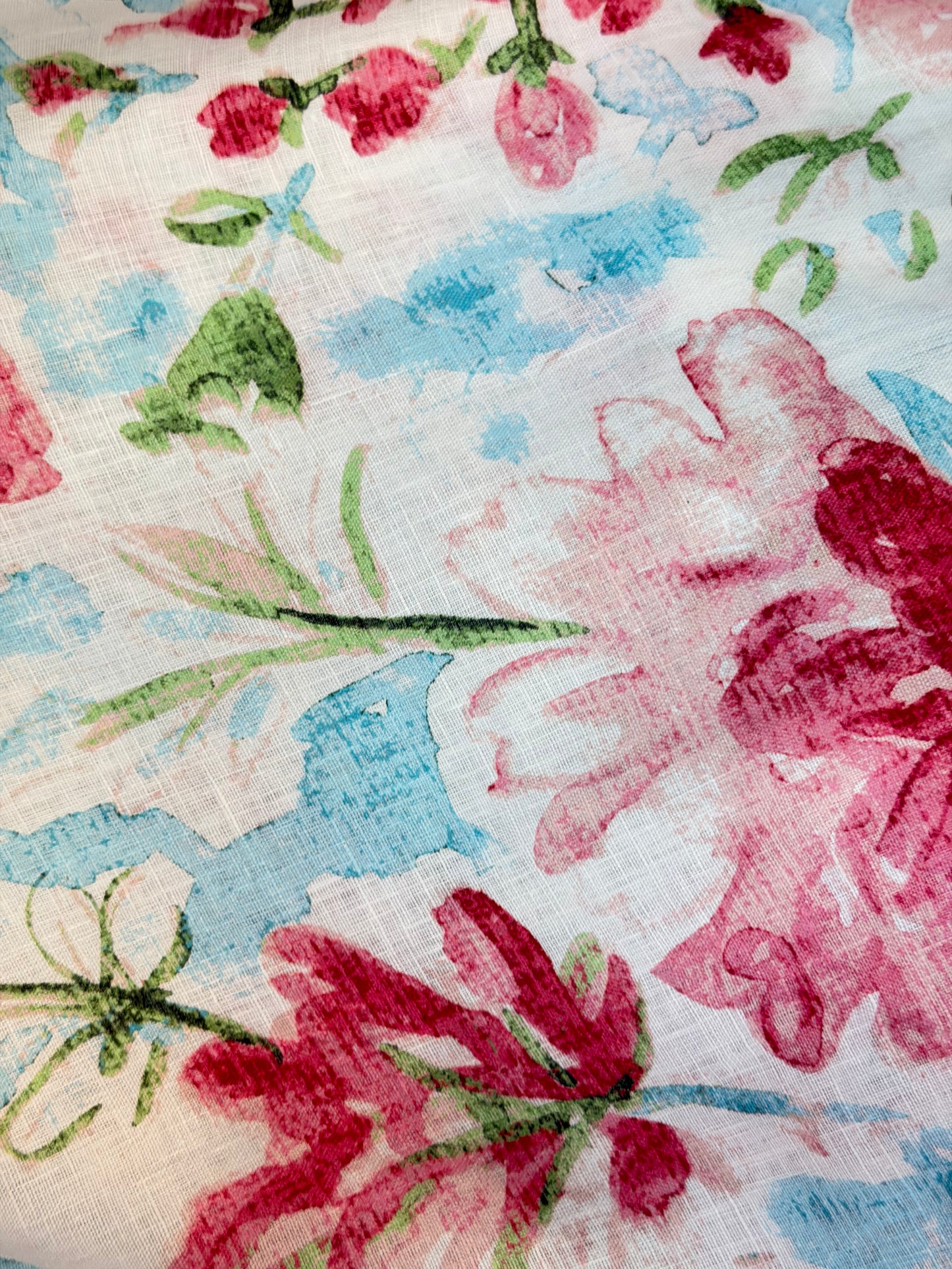 Printed Linen - Bouquet Watercolor Floral - Pink & Blue