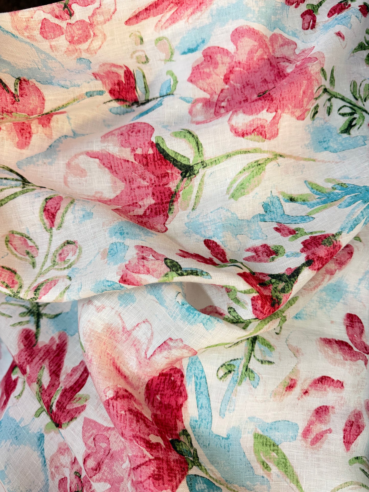 Printed Linen - Bouquet Watercolor Floral - Pink & Blue