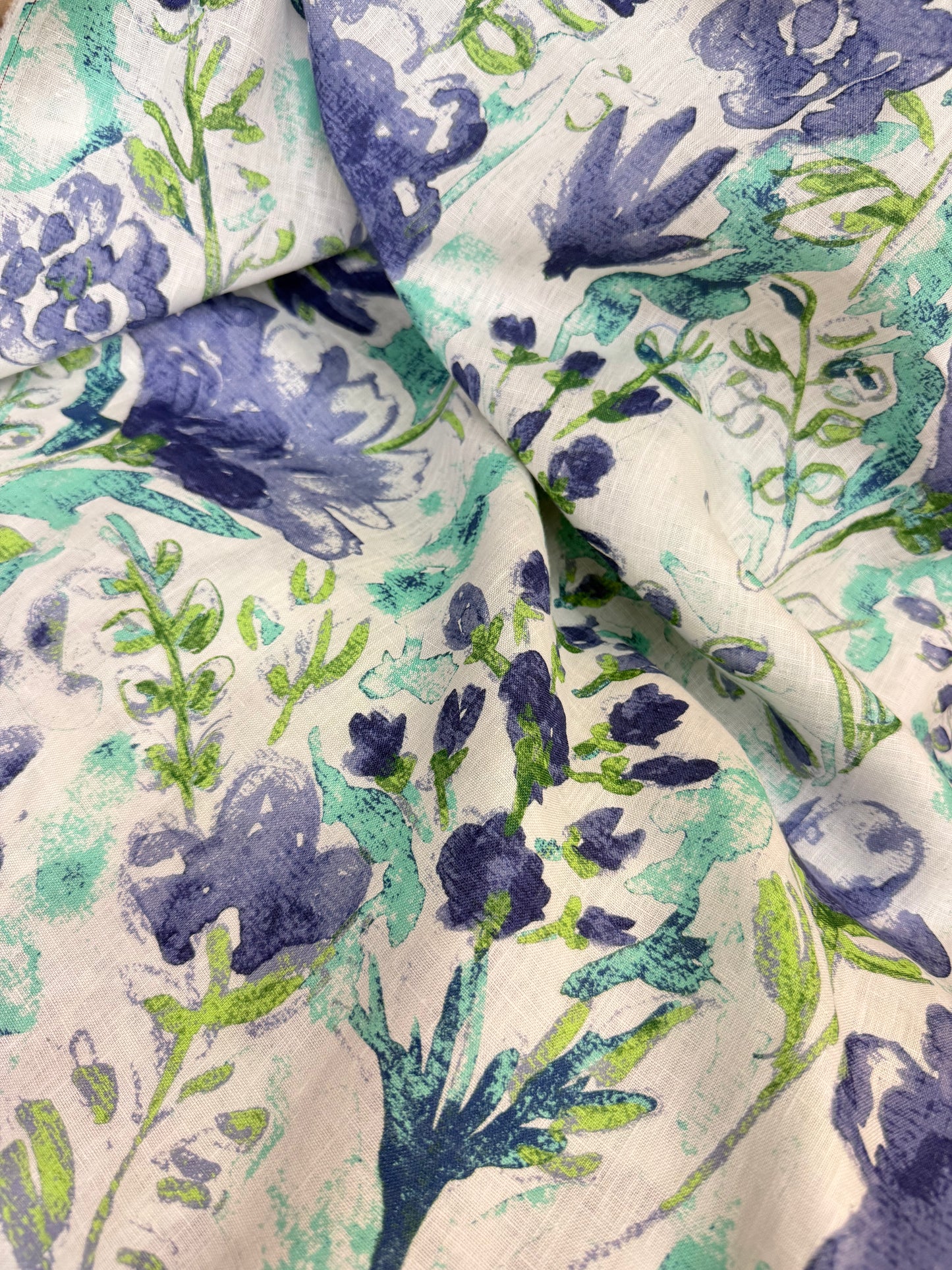 Printed Linen - Bouquet Watercolor Floral - Green & Blue