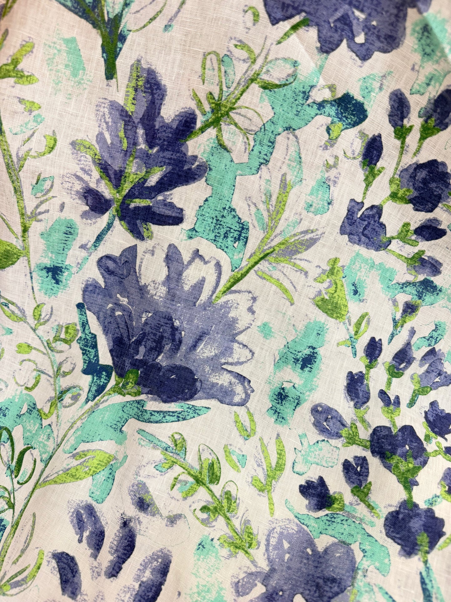 Printed Linen - Bouquet Watercolor Floral - Green & Blue