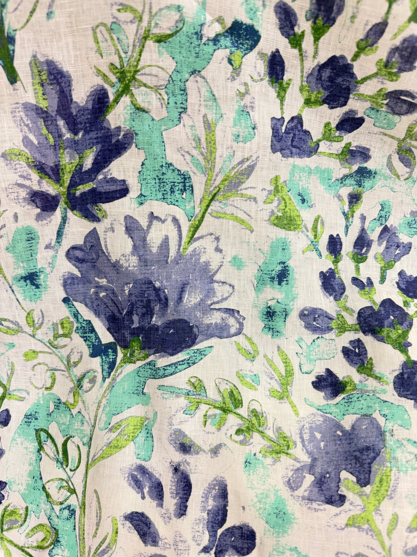 Printed Linen - Bouquet Watercolor Floral - Green & Blue