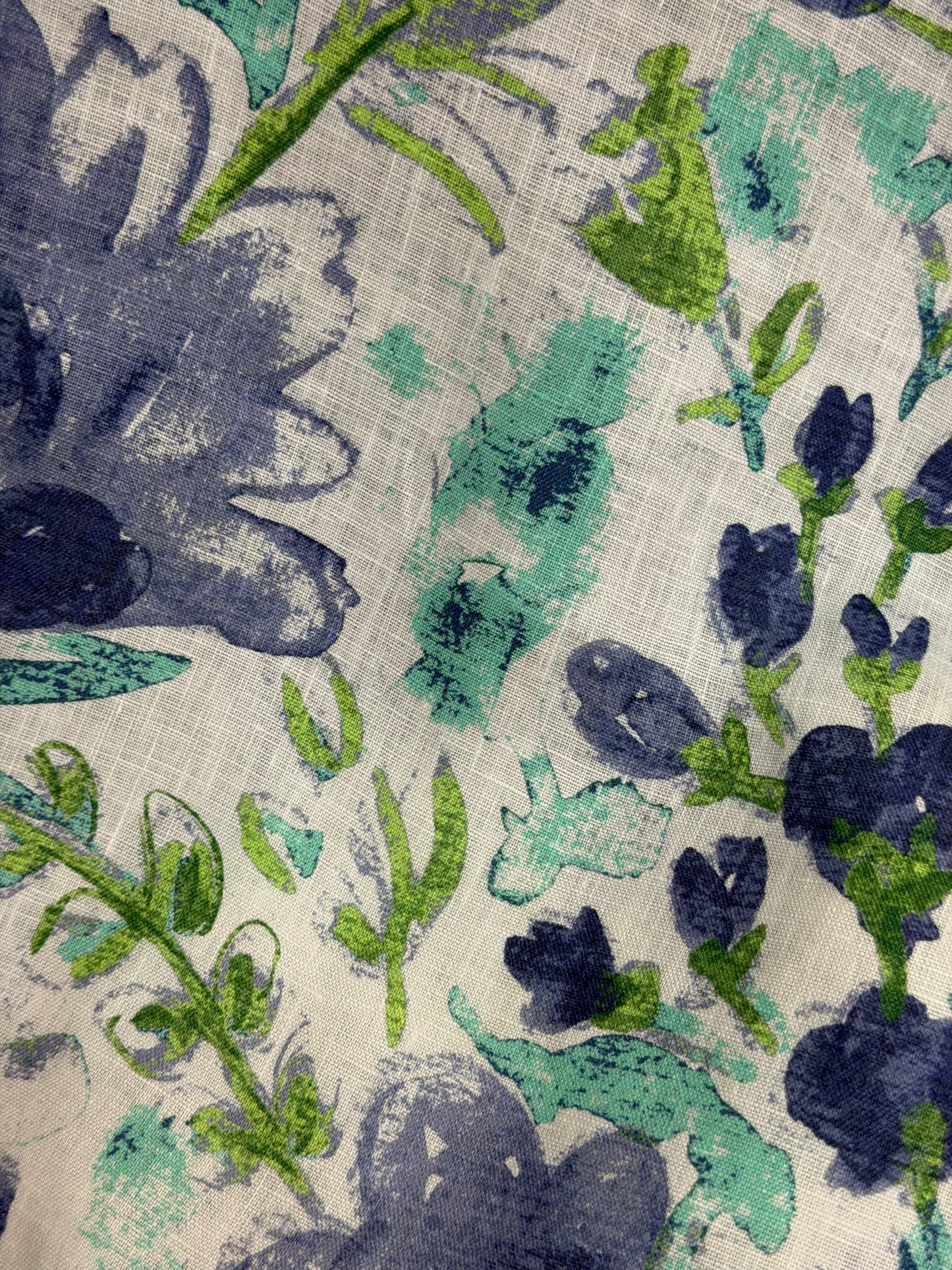 Printed Linen - Bouquet Watercolor Floral - Green & Blue