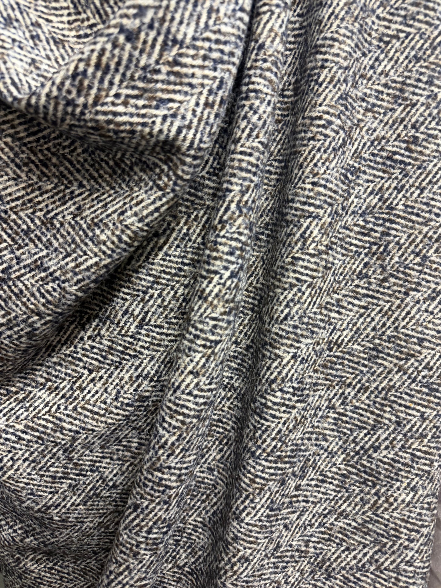 Heritage Label - Italian Designer Wool Boucle - Blue, Brown & White Herringbone