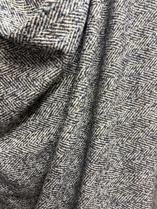 Heritage Label - Italian Designer Wool Boucle - Blue, Brown & White Herringbone