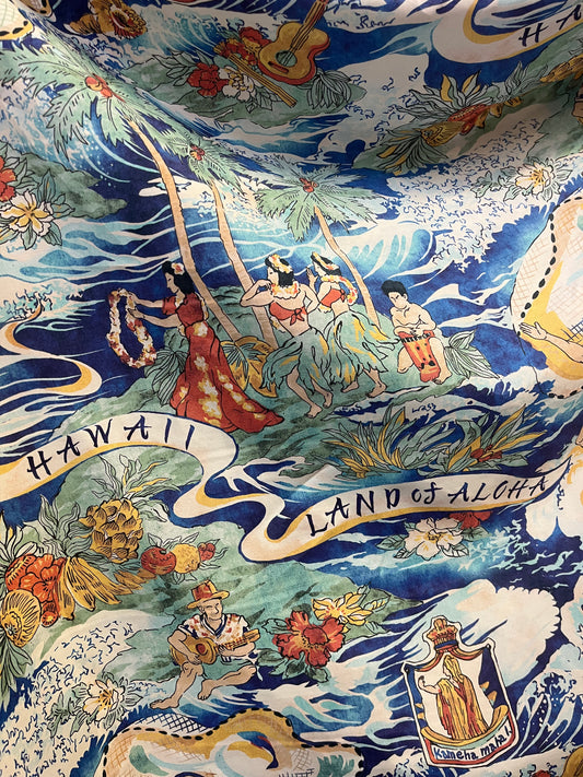 Hawaiian Rayon Conversation Print - Blue & Multicolor