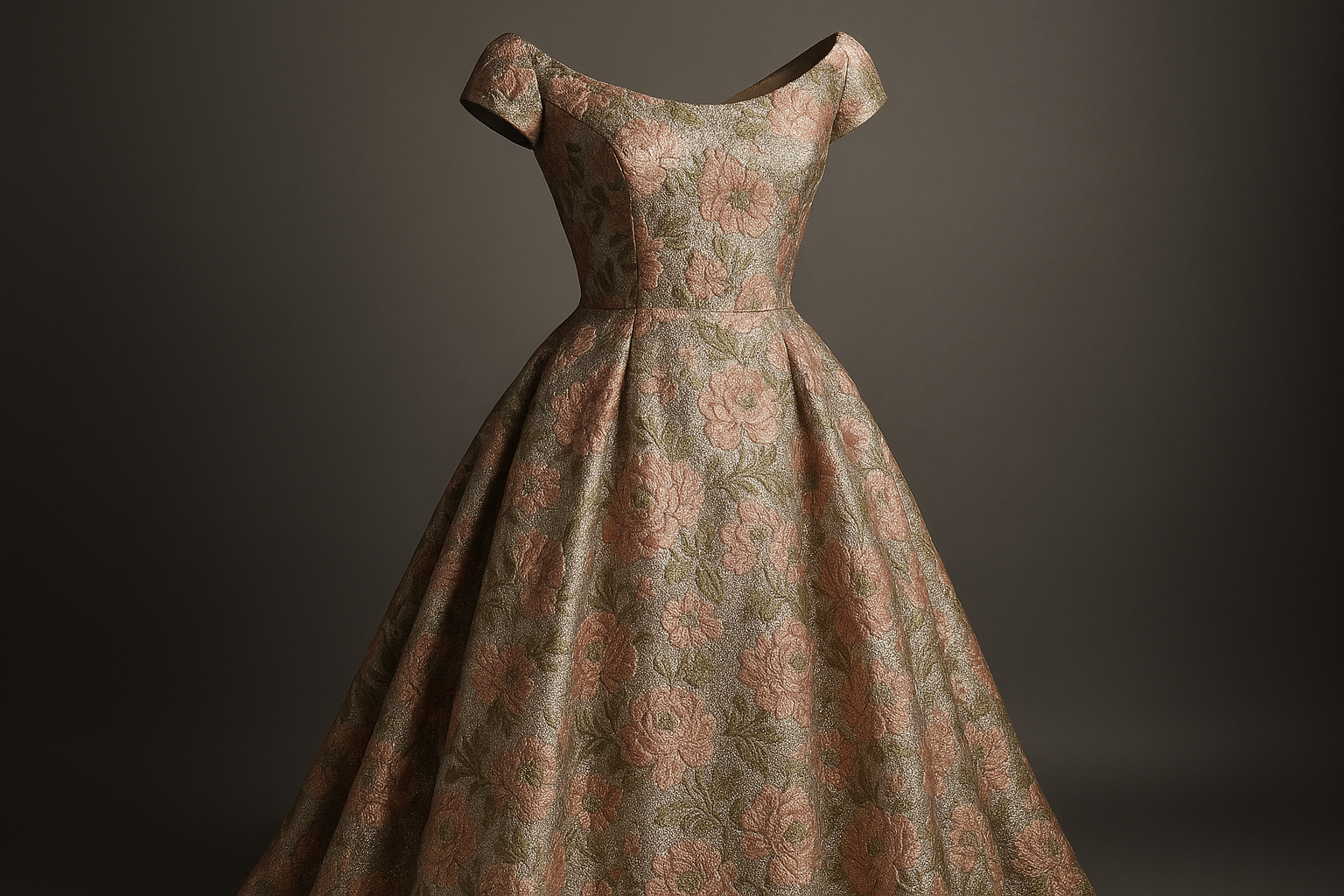 a classic evening wear with Designer Floral Brocade - Pink, Taupe, Green & Silver Lurex
