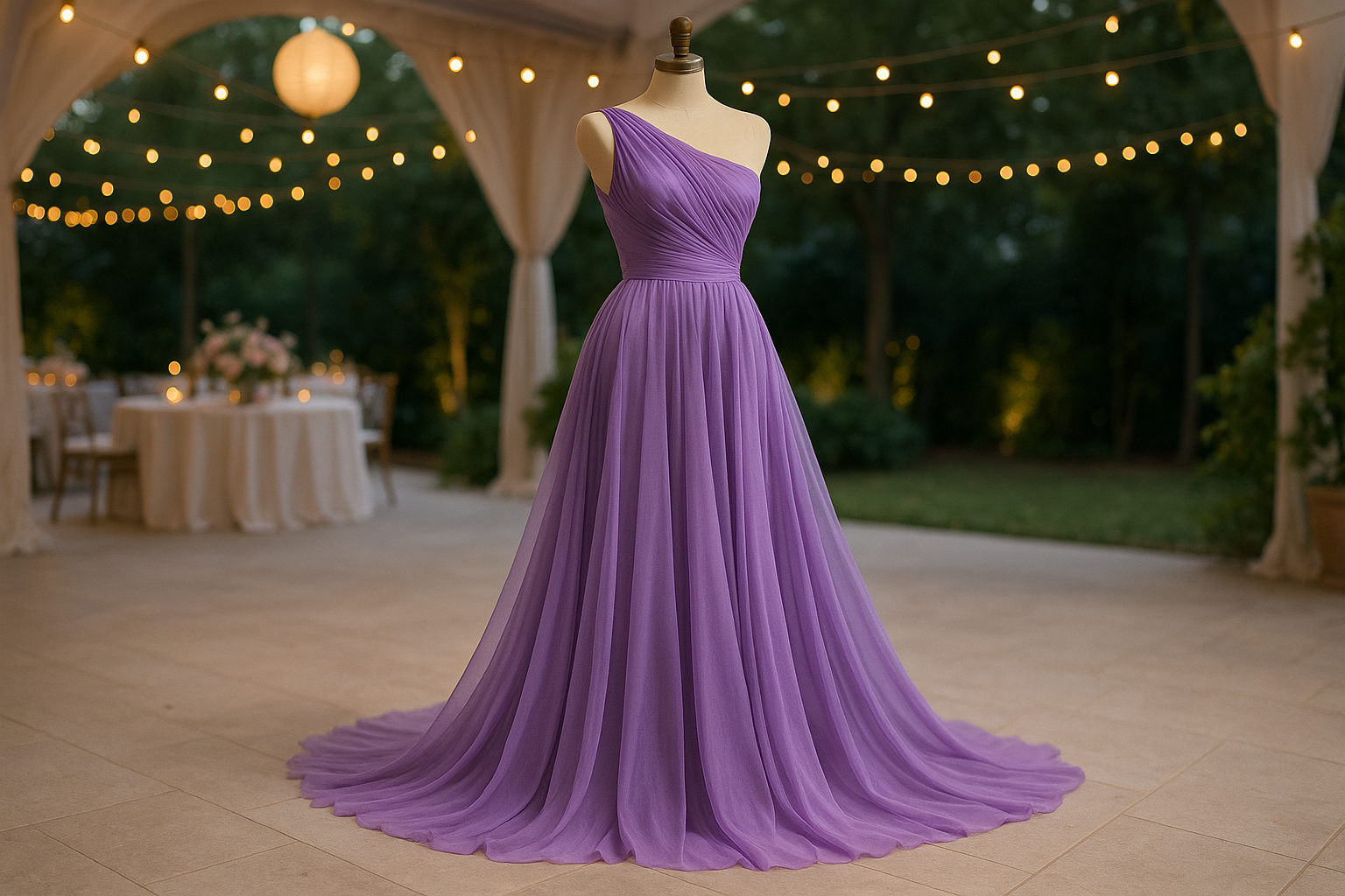 a desinger evening dress in light oudoor party room with Silk Chiffon Wide - Lilac Purple