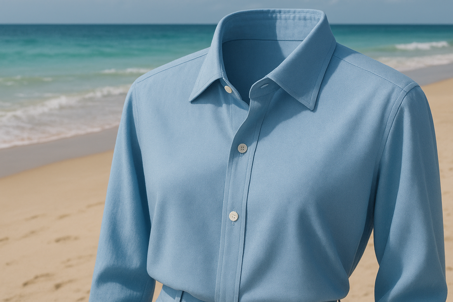 a detail shirt in beach view for An Italian-made cotton shirting in a refreshing sky blue color. This fabric is perfect for making dresses, pants, skirts and jackets.&nbsp; &nbsp; 