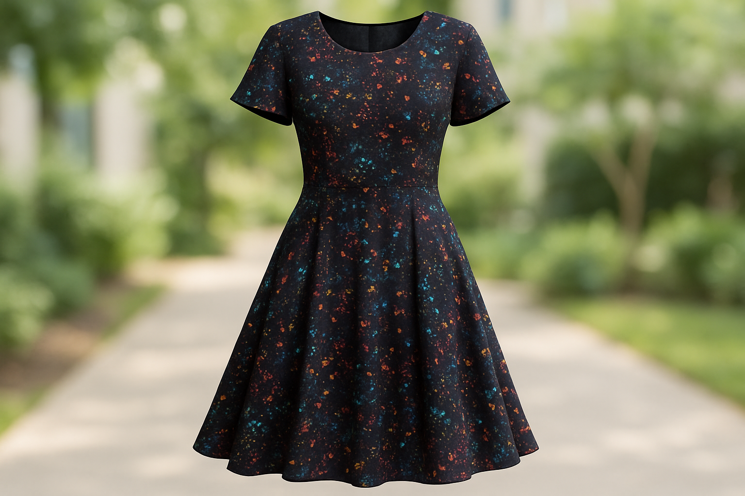 a detailed dress in light outdoor with A delightful rayon featuring a&nbsp;trendy black and rainbow splatter print with excellent lengthwise stretch. It boasts a great shape and quality, ideal for crafting pants, dresses, tops, skirts, and jackets.&nbsp;&nbsp;