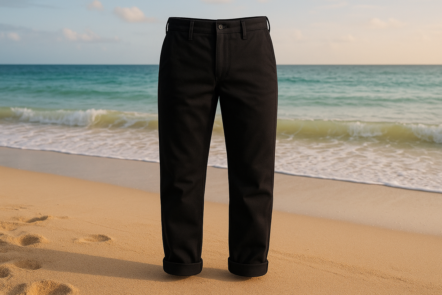 a detailed pants in beach background forExplore the versatility of cotton twill fabric, an ideal blend of durability and softness. This fabric comes in a jet-black colorway. Perfect for the transition from summer to fall, this fabric is apt for crafting dresses, pants, jackets, and more. color jet black