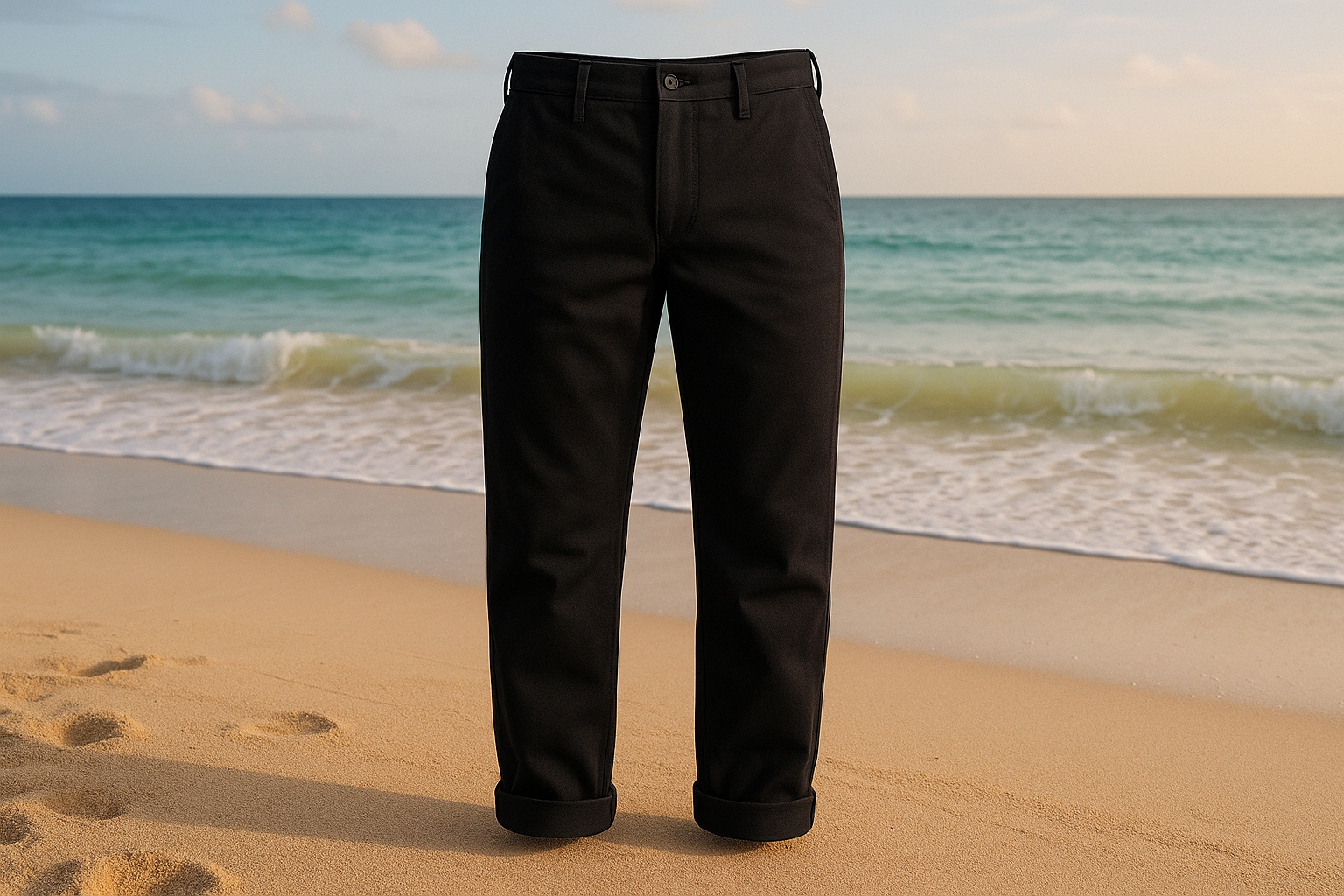 a detailed pants in beach background forExplore the versatility of cotton twill fabric, an ideal blend of durability and softness. This fabric comes in a jet-black colorway. Perfect for the transition from summer to fall, this fabric is apt for crafting dresses, pants, jackets, and more. color jet black