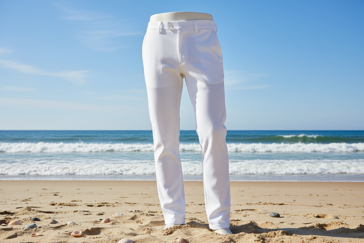 a detailed pants with Fine Twill Stretch Cotton - Bright White in beach looking background