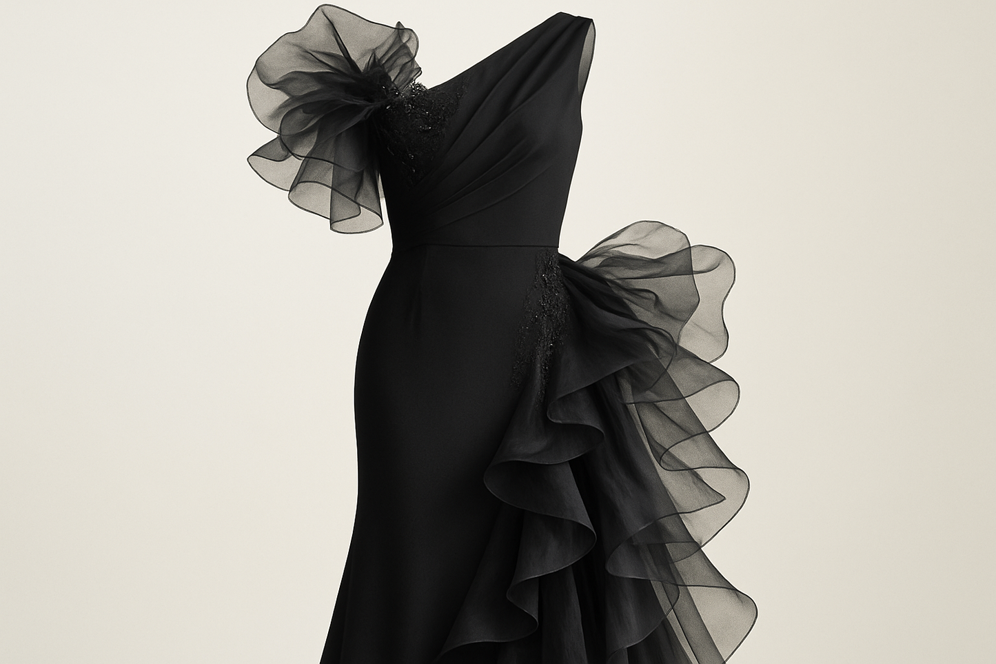 a dress with detail with silk organza black in light background fancy