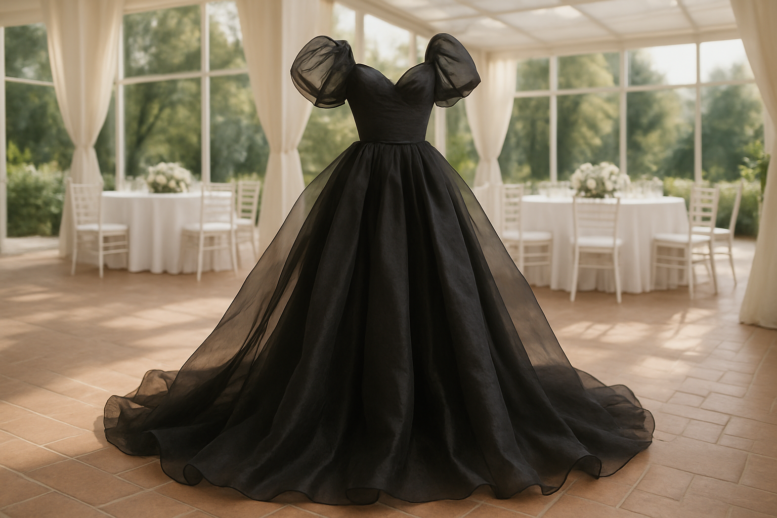 a fancy dress detailed in light outdoor party room with This elegant silk organza boasts a luxurious appearance, both as a standalone fabric and as an underlining. Its sheer and crisp qualities make it ideal for adding structure. It's perfect for crafting a gown, dress, top, or skirt. color jet black